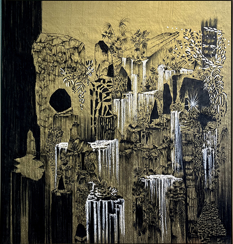 Estecher _ El sueño de yatay Tnta y oleo sobre en barra sobre seda 131X131cm