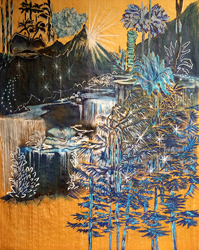 Estecher_ Hidrogenos Oleo en barra y tinta sobre seda. 97x123cm